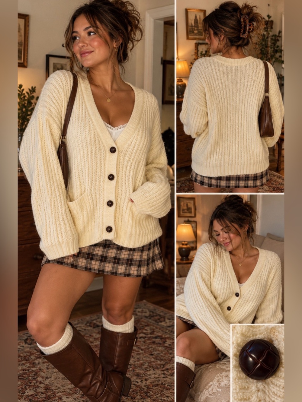 Wentworth Vintage Cream Chunky Knit Cardigan Sweater L Oversized 90s Grandpa